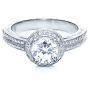 18k White Gold Diamond Halo Hand Engraved Engagement Ring - Flat View -  210 - Thumbnail