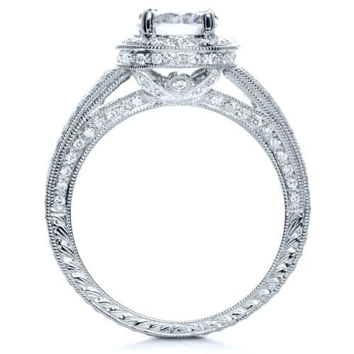 18k White Gold Diamond Halo Hand Engraved Engagement Ring - Front View - 210