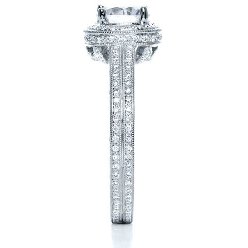 18k White Gold Diamond Halo Hand Engraved Engagement Ring - Side View - 210