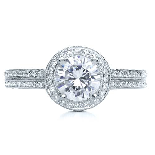  Platinum Platinum Diamond Halo Hand Engraved Engagement Ring - Top View -  210
