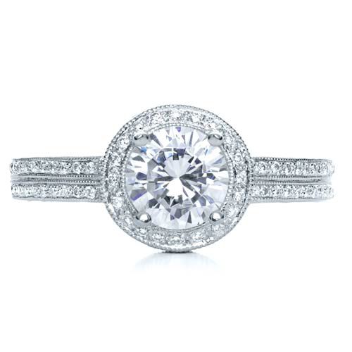 18k White Gold Diamond Halo Hand Engraved Engagement Ring - Top View - 210