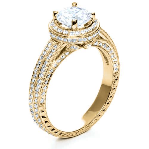 18k Yellow Gold 18k Yellow Gold Diamond Halo Hand Engraved Engagement Ring - Three-Quarter View -  210
