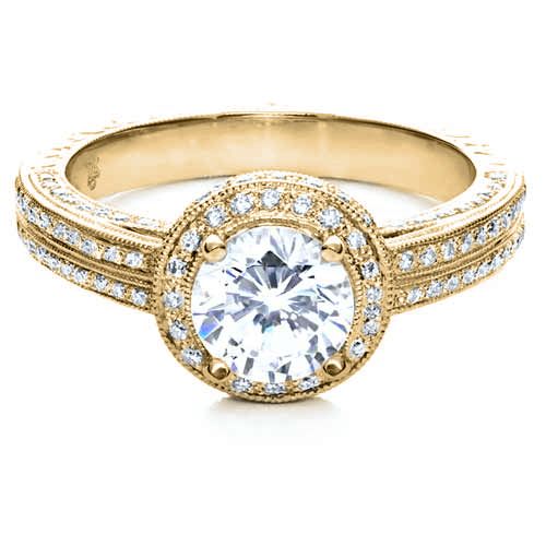 14k Yellow Gold 14k Yellow Gold Diamond Halo Hand Engraved Engagement Ring - Flat View -  210