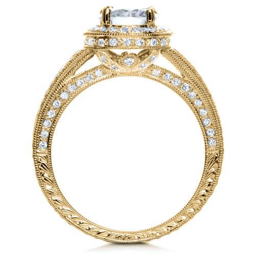 14k Yellow Gold 14k Yellow Gold Diamond Halo Hand Engraved Engagement Ring - Front View -  210