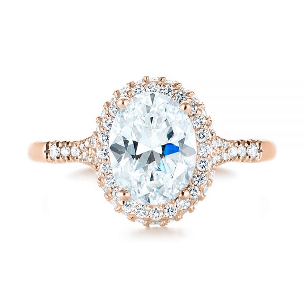 18k Rose Gold 18k Rose Gold Diamond Halo Split Shank Engagement Ring - Top View - 104326