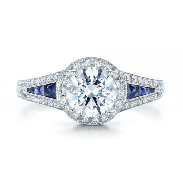 Diamond Halo And Blue Sapphire Engagement Ring - Top View - 100391