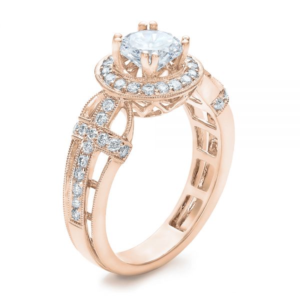14k Rose Gold 14k Rose Gold Diamond Halo And Cross Engagement Ring - Vanna K - Three-Quarter View -  100667