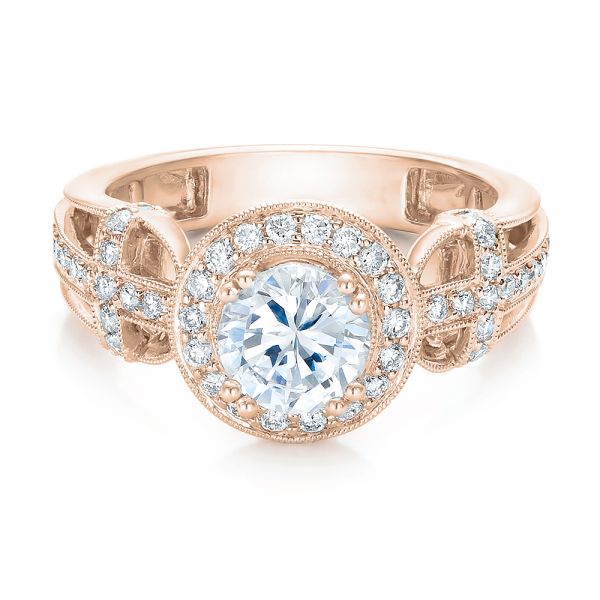 18k Rose Gold 18k Rose Gold Diamond Halo And Cross Engagement Ring - Vanna K - Flat View -  100667