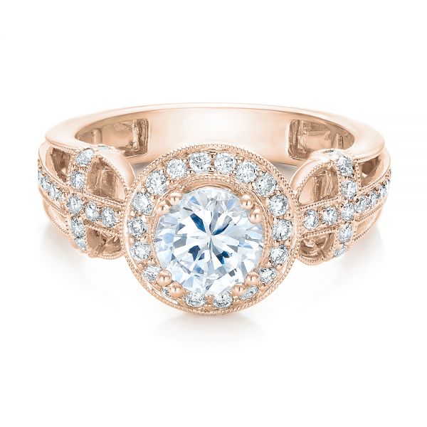 18k Rose Gold 18k Rose Gold Diamond Halo And Cross Engagement Ring - Vanna K - Flat View - 100667