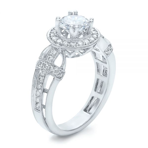 18k White Gold Diamond Halo And Cross Engagement Ring - Vanna K - Three-Quarter View -  100667