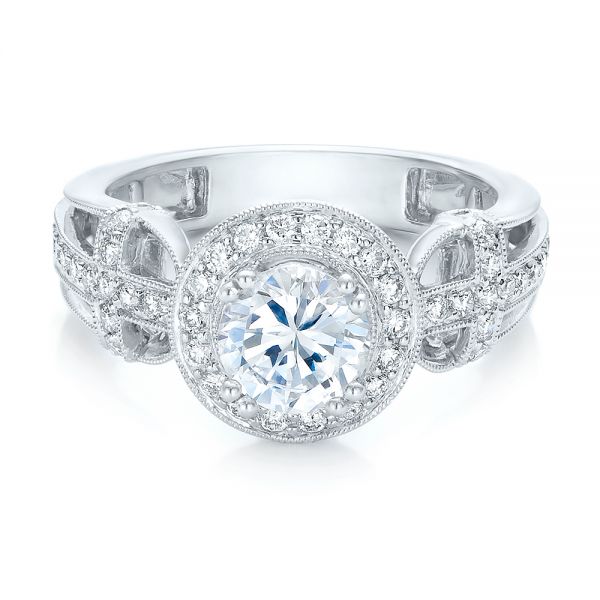14k White Gold 14k White Gold Diamond Halo And Cross Engagement Ring - Vanna K - Flat View -  100667