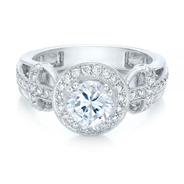 18k White Gold Diamond Halo And Cross Engagement Ring - Vanna K - Flat View - 100667