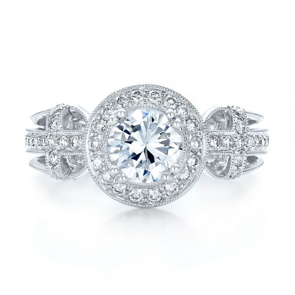 18k White Gold Diamond Halo And Cross Engagement Ring - Vanna K - Top View - 100667