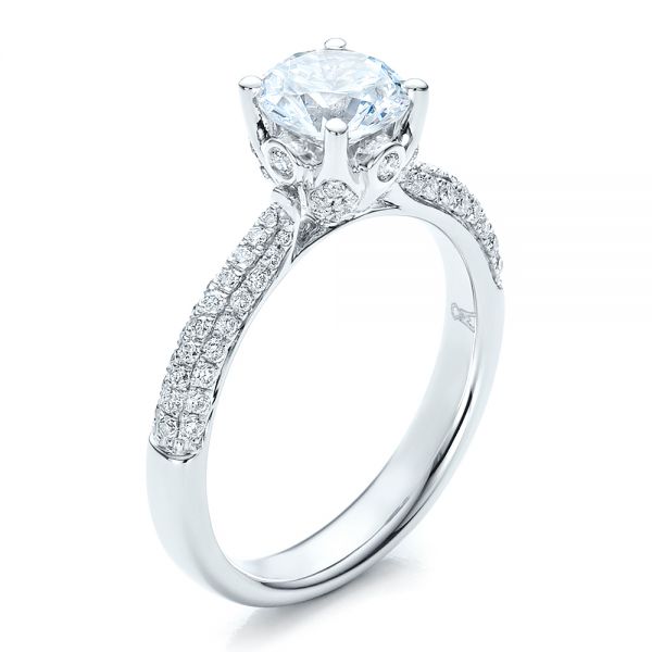 18k White Gold Diamond Pave Engagement Ring - Three-Quarter View -  100008