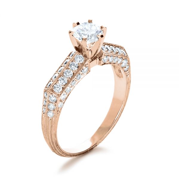 14k Rose Gold 14k Rose Gold Diamond Pave And Hand Engraved Engagement Ring - Three-Quarter View -  1148