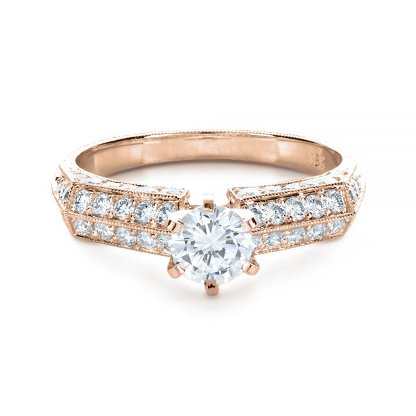 18k Rose Gold 18k Rose Gold Diamond Pave And Hand Engraved Engagement Ring - Flat View -  1148