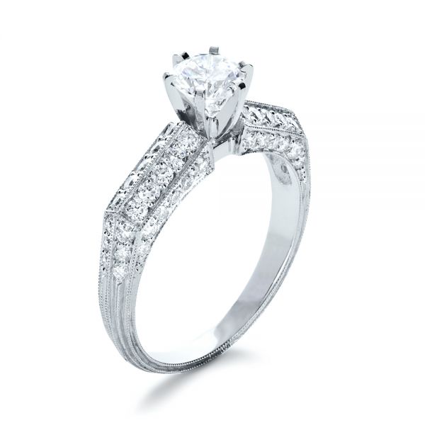 14k White Gold 14k White Gold Diamond Pave And Hand Engraved Engagement Ring - Three-Quarter View -  1148