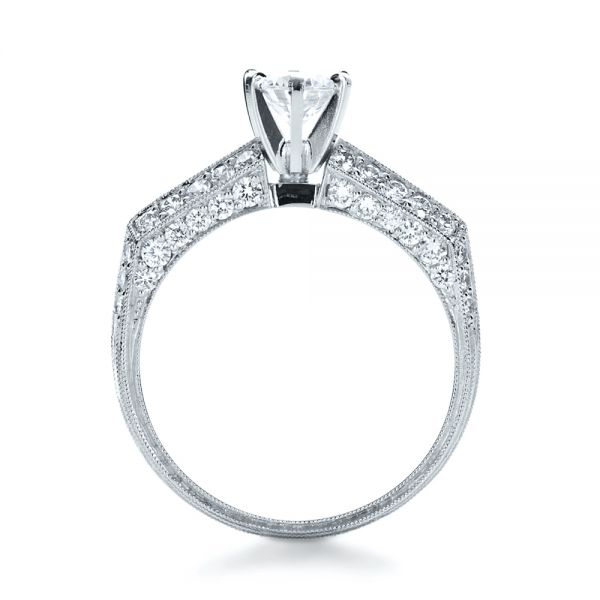 18k White Gold Diamond Pave And Hand Engraved Engagement Ring - Front View -  1148