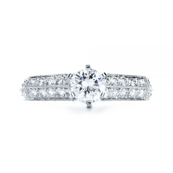 18k White Gold Diamond Pave And Hand Engraved Engagement Ring - Top View -  1148