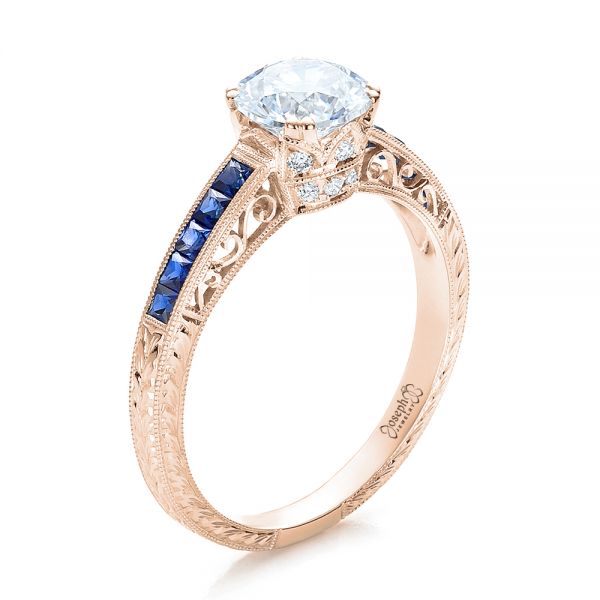 18k Rose Gold 18k Rose Gold Diamond And Blue Sapphire Engagement Ring - Three-Quarter View - 100389