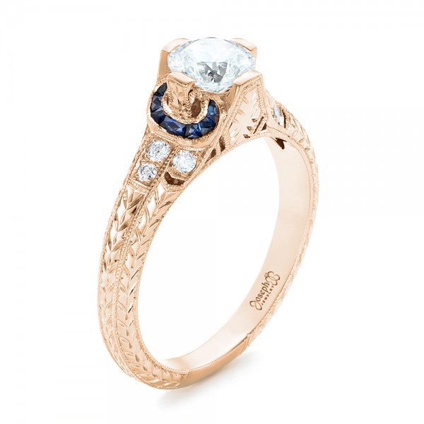 18k Rose Gold 18k Rose Gold Diamond And Blue Sapphire Engagement Ring - Three-Quarter View -  102677