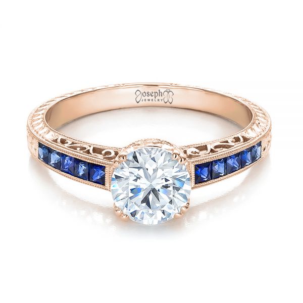 18k Rose Gold 18k Rose Gold Diamond And Blue Sapphire Engagement Ring - Flat View -  100389