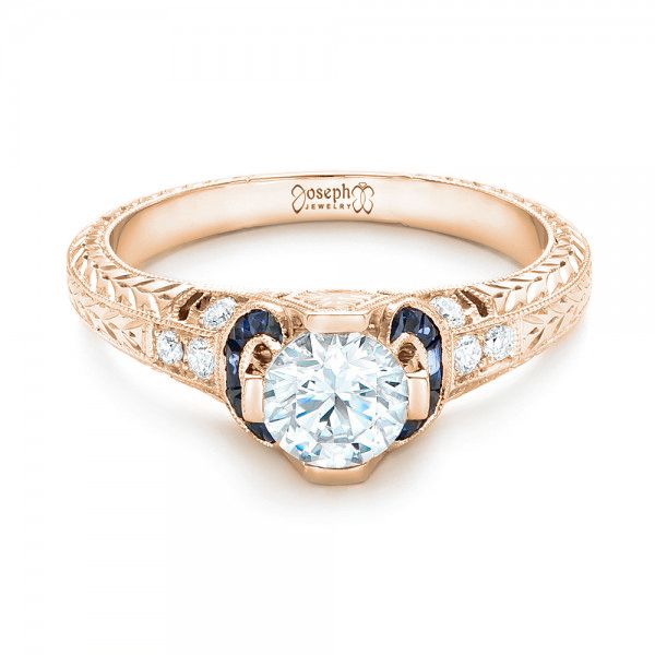 14k Rose Gold 14k Rose Gold Diamond And Blue Sapphire Engagement Ring - Flat View - 102677