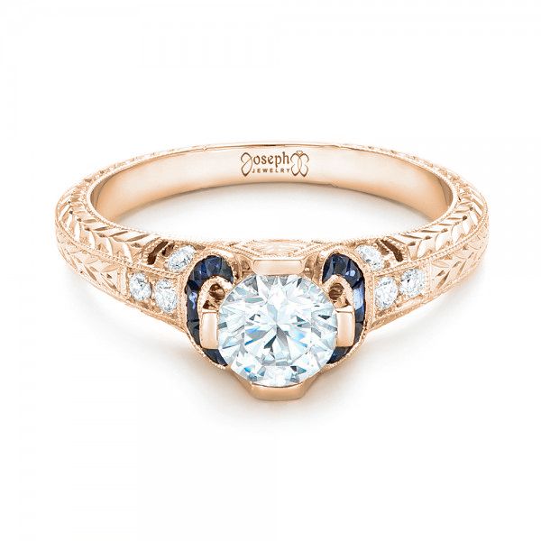 14k Rose Gold 14k Rose Gold Diamond And Blue Sapphire Engagement Ring - Flat View -  102677