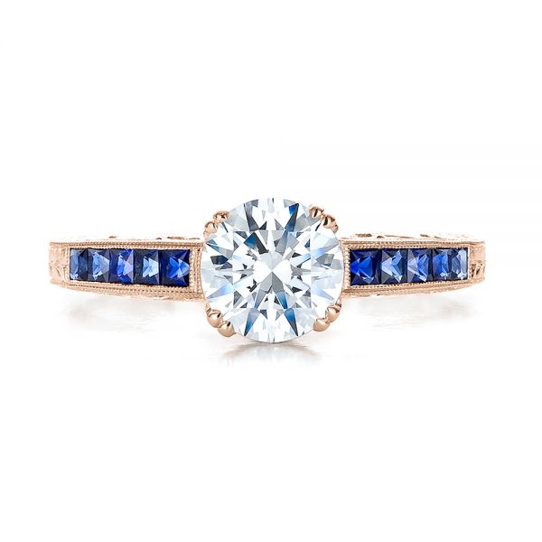 18k Rose Gold 18k Rose Gold Diamond And Blue Sapphire Engagement Ring - Top View -  100389