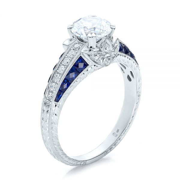 Diamond And Blue Sapphire Engagement Ring - Three-Quarter View -  100390