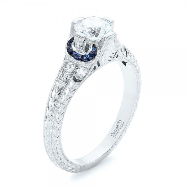18k White Gold Diamond And Blue Sapphire Engagement Ring - Three-Quarter View -  102677