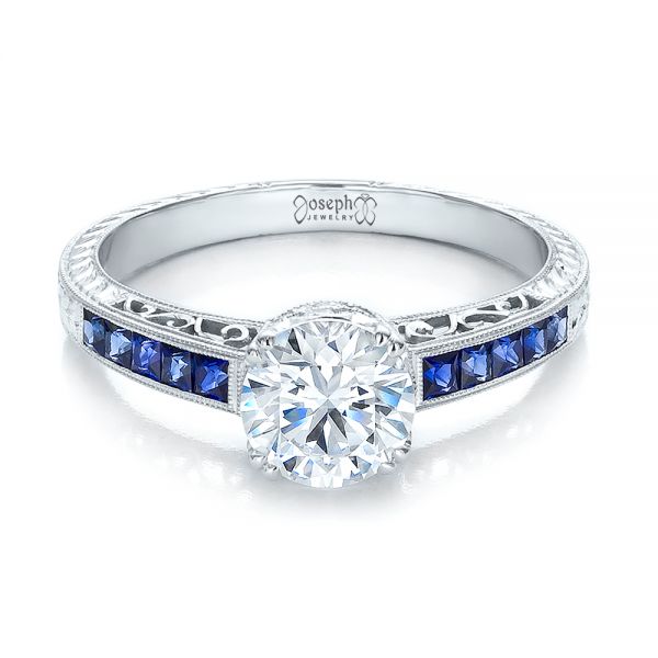 18k White Gold Diamond And Blue Sapphire Engagement Ring - Flat View - 100389