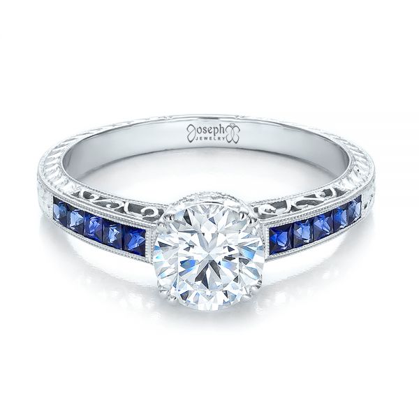 18k White Gold Diamond And Blue Sapphire Engagement Ring - Flat View -  100389