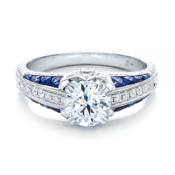 Diamond And Blue Sapphire Engagement Ring - Flat View - 100390
