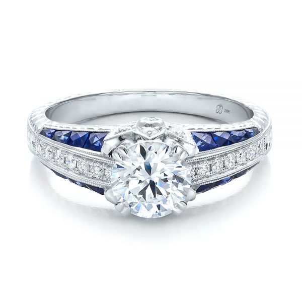 Diamond And Blue Sapphire Engagement Ring - Flat View -  100390