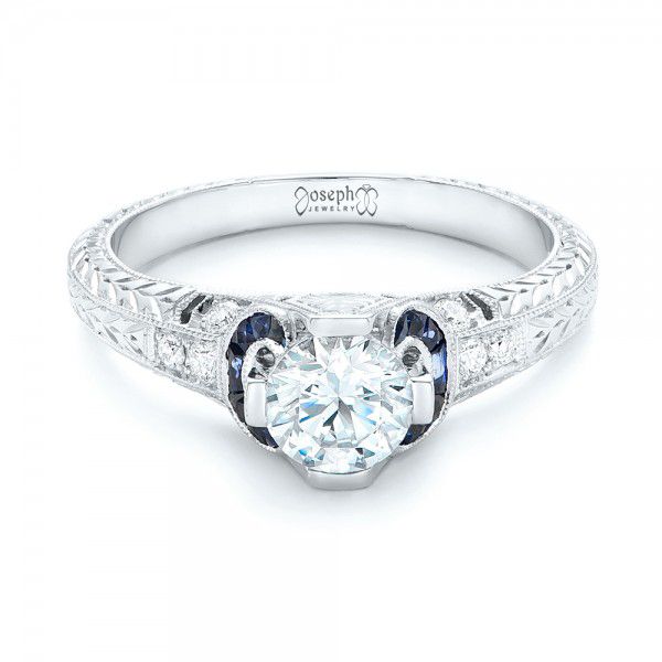 14k White Gold 14k White Gold Diamond And Blue Sapphire Engagement Ring - Flat View -  102677
