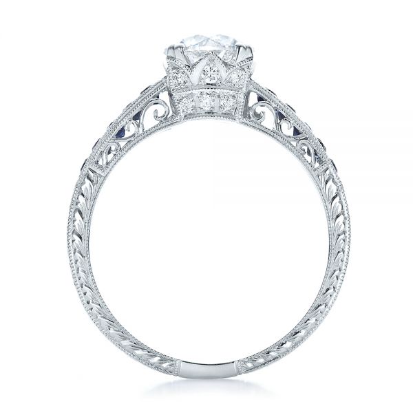 18k White Gold Diamond And Blue Sapphire Engagement Ring - Front View - 100389