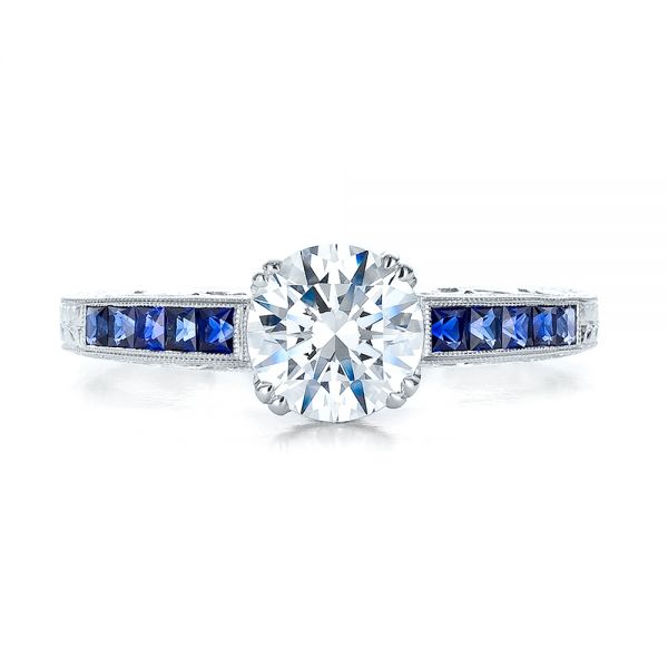 18k White Gold Diamond And Blue Sapphire Engagement Ring - Top View - 100389