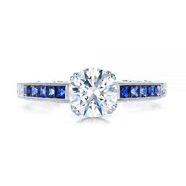 14k White Gold 14k White Gold Diamond And Blue Sapphire Engagement Ring - Top View -  100389