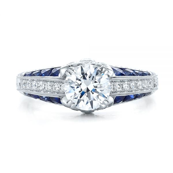 Diamond And Blue Sapphire Engagement Ring - Top View - 100390