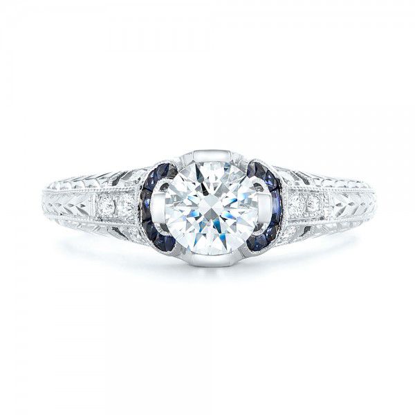 18k White Gold Diamond And Blue Sapphire Engagement Ring - Top View -  102677