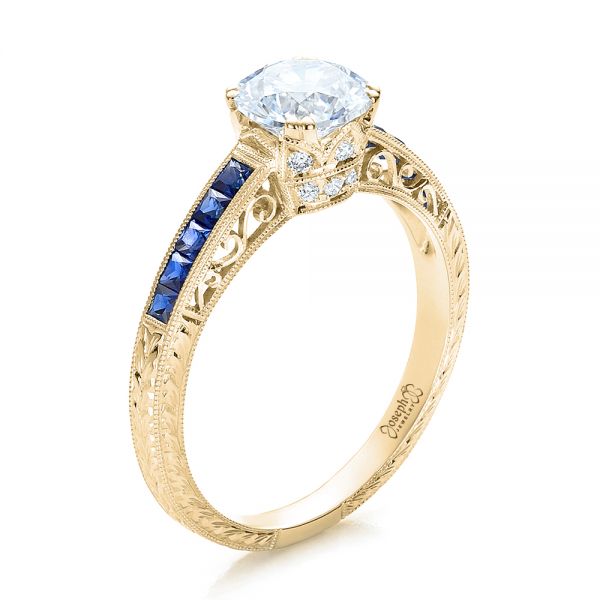 14k Yellow Gold 14k Yellow Gold Diamond And Blue Sapphire Engagement Ring - Three-Quarter View -  100389
