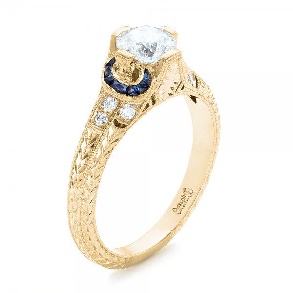 18k Yellow Gold 18k Yellow Gold Diamond And Blue Sapphire Engagement Ring - Three-Quarter View -  102677