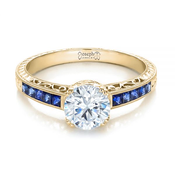 18k Yellow Gold 18k Yellow Gold Diamond And Blue Sapphire Engagement Ring - Flat View -  100389