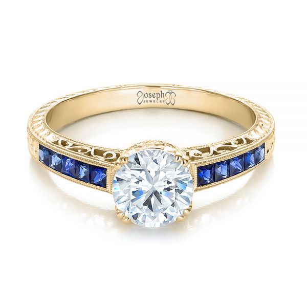 18k Yellow Gold 18k Yellow Gold Diamond And Blue Sapphire Engagement Ring - Flat View - 100389
