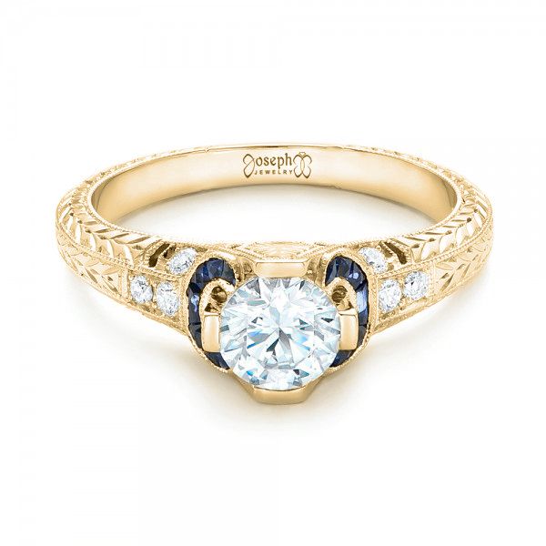 18k Yellow Gold 18k Yellow Gold Diamond And Blue Sapphire Engagement Ring - Flat View -  102677