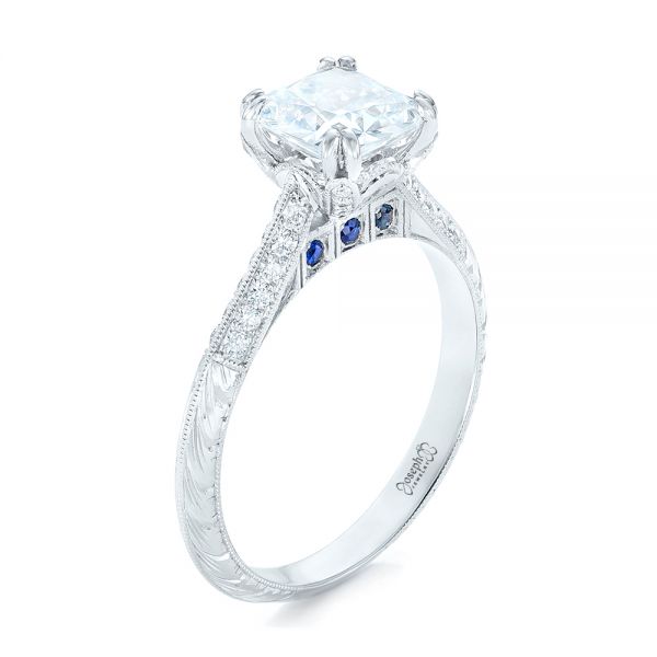 18k White Gold Diamond And Blue Sapphire Knife Edge Engagement Ring - Three-Quarter View -  102116