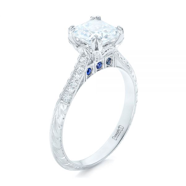  Platinum Platinum Diamond And Blue Sapphire Knife Edge Engagement Ring - Three-Quarter View -  102116