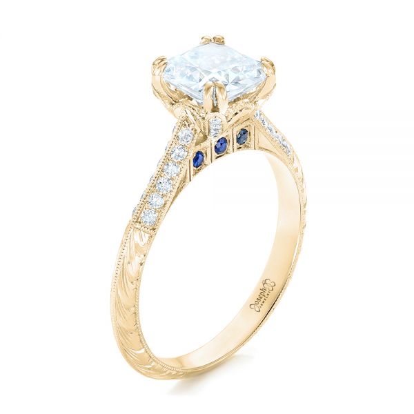 18k Yellow Gold 18k Yellow Gold Diamond And Blue Sapphire Knife Edge Engagement Ring - Three-Quarter View - 102116