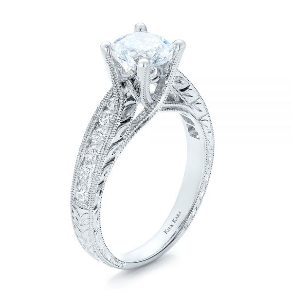 Diamond And Hand Engraved Engagement Ring With Matching Wedding Band - Kirk Kara - Three-Quarter View -  1274